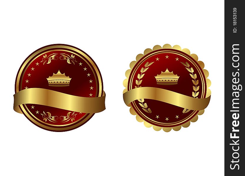 Two red gold-framed labels