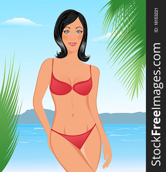 Illustration bikini girl on the beach - vector