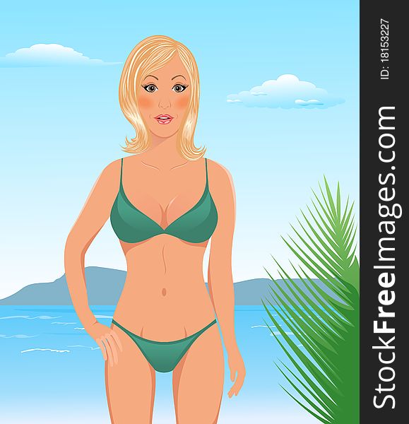 Illustration pretty blond girl on beach - vector. Illustration pretty blond girl on beach - vector