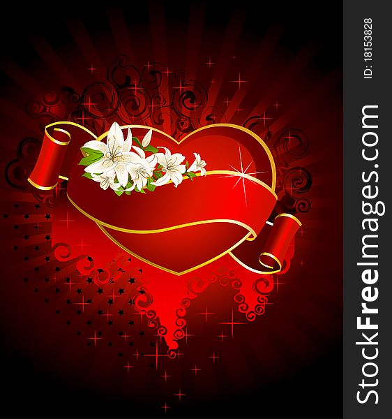 Red heart with ribbon and beautiful flowers. Red heart with ribbon and beautiful flowers