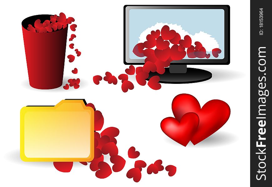 Icons with small hearts - broken monitor, basket and folder