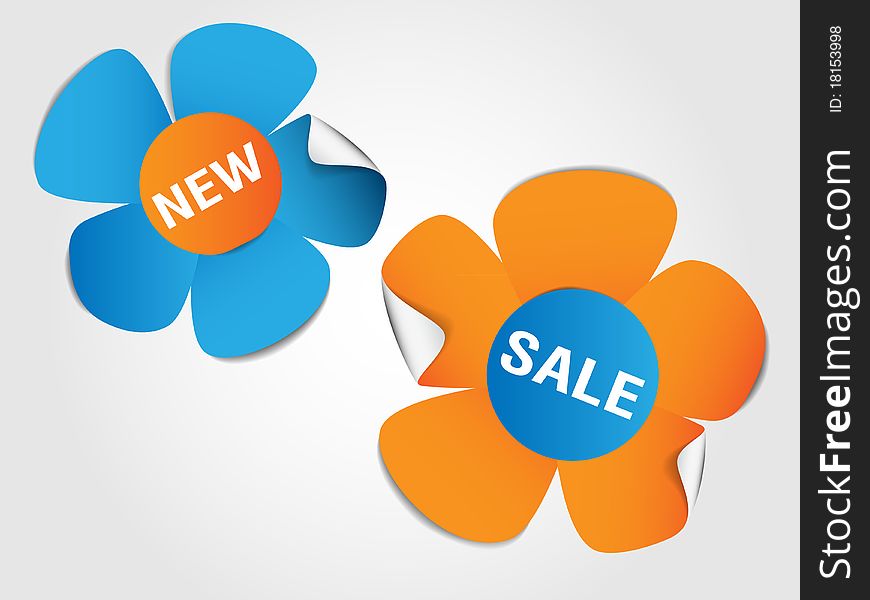 Set of sale tags - big flowers - orange blue
