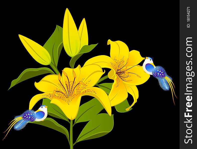 Beautiful little birds on flowers.illustration for a design
