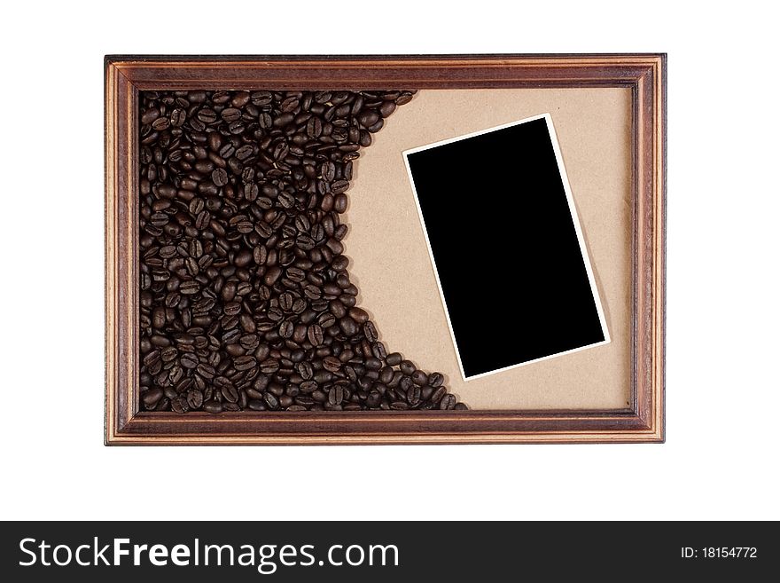 Wooden frame with paper craft as a basis, the coffee beans.