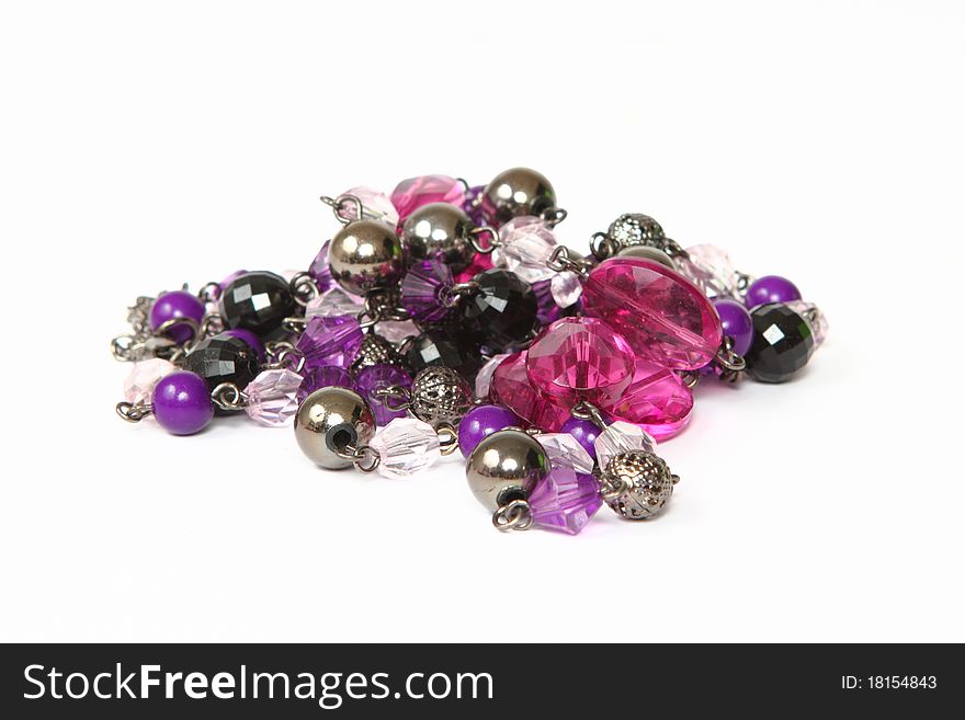 Purple beaded necklace isolated on white background