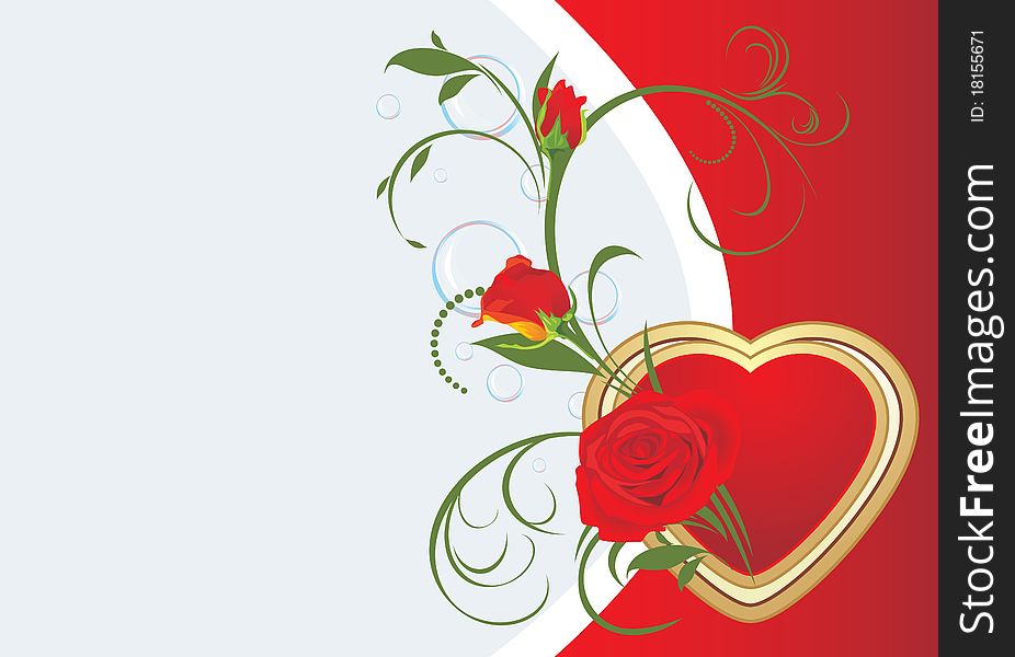 Bouquet of red roses with heart. Valentines card. Illustration