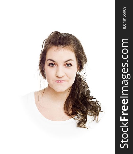 Young woman on white background