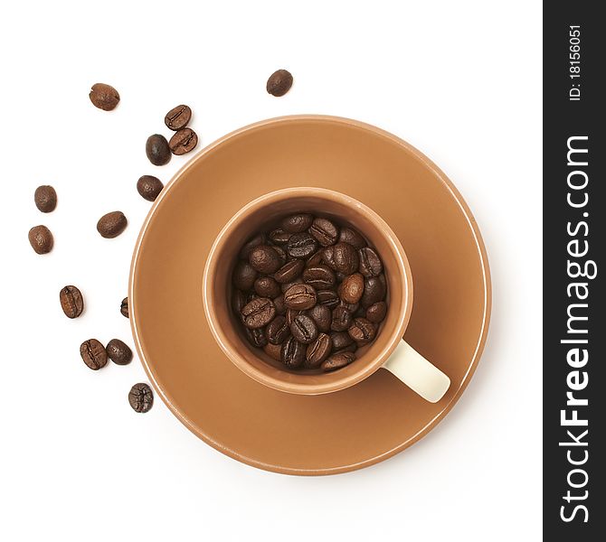 Coffee cup with whole beans isolated on white background. Coffee cup with whole beans isolated on white background