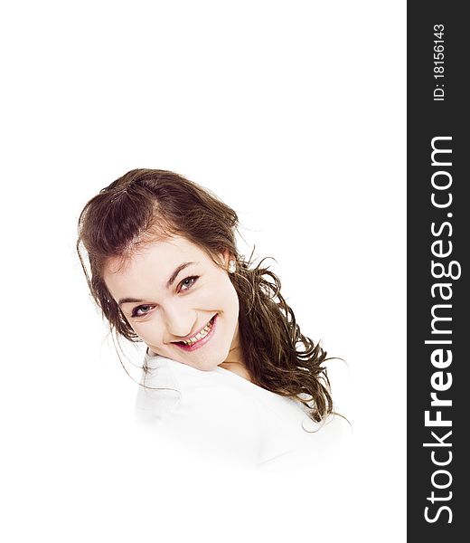 Young Happy woman on white background