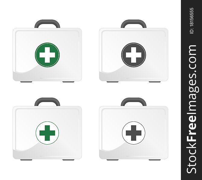 White medical first aid kit with green and gray cross.