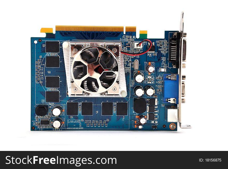 Video card with three outputs on a white background