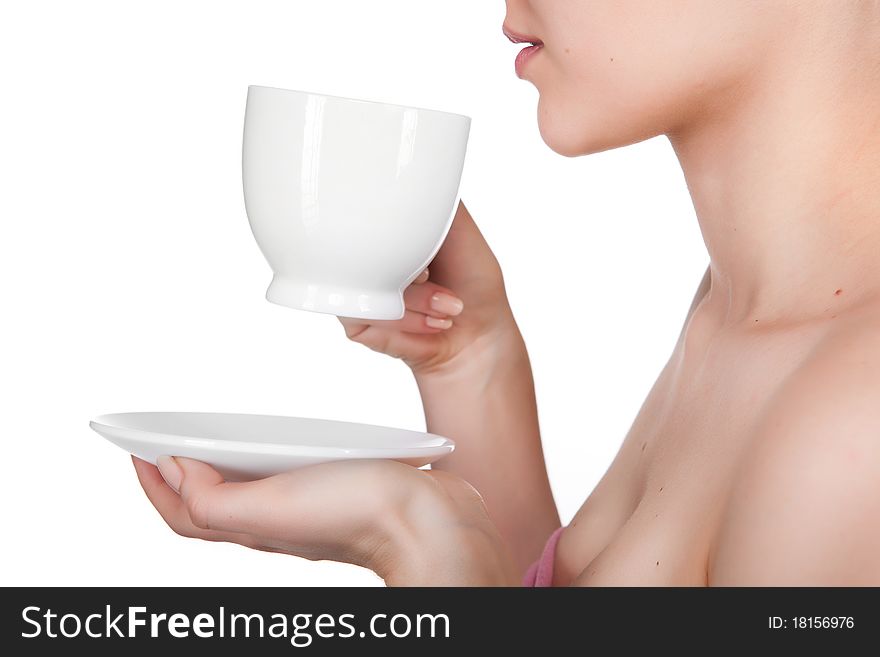 Woman holding cup isolated on white. Woman holding cup isolated on white