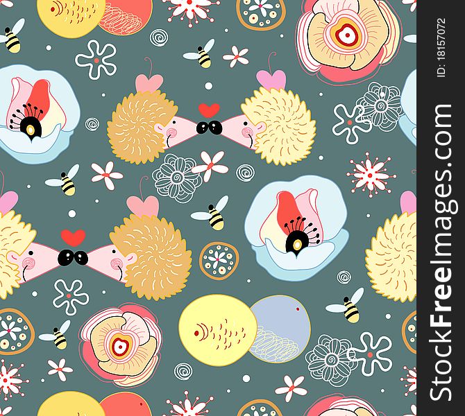 Seamless multi-colored floral pattern with a passionate hedgehogs on a dark background. Seamless multi-colored floral pattern with a passionate hedgehogs on a dark background