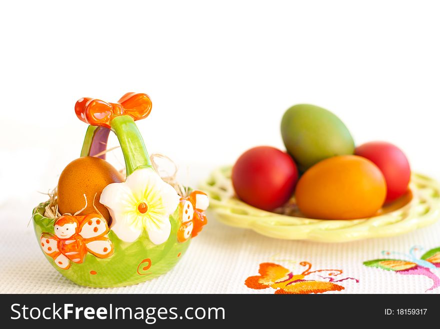 Eggs on a decorated easter plate. Eggs on a decorated easter plate