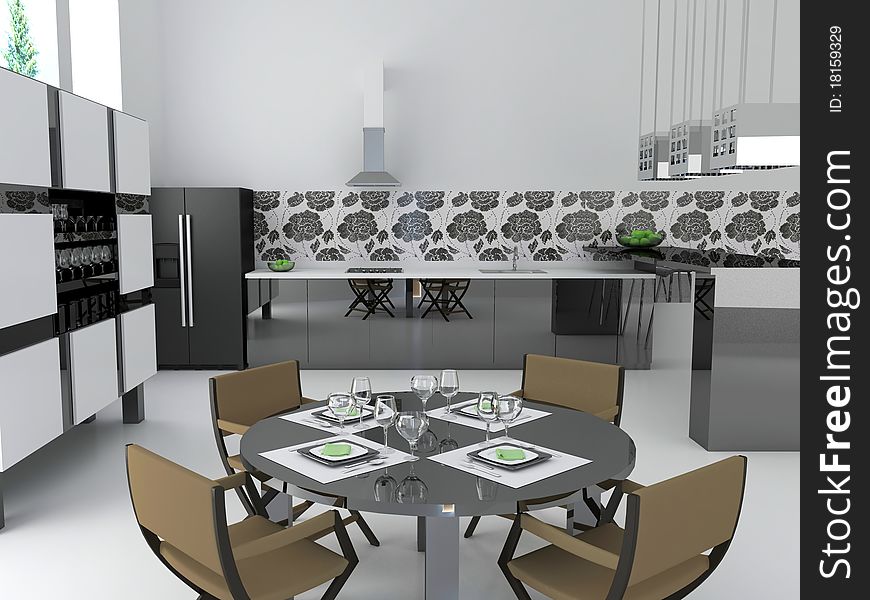 Interior of modern black and white kitchen, 3d render. Interior of modern black and white kitchen, 3d render