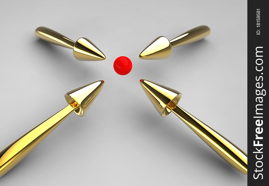 3d illustration of four gold arrrows with red center sphere. 3d illustration of four gold arrrows with red center sphere