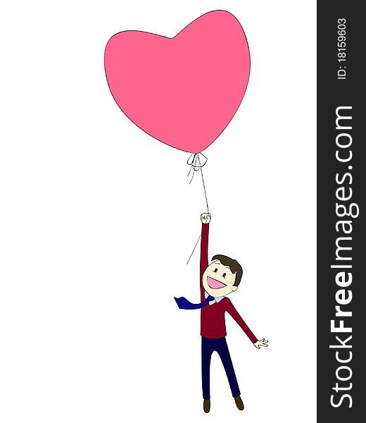 Man flying with a balloon in the shape of a heart. Man flying with a balloon in the shape of a heart