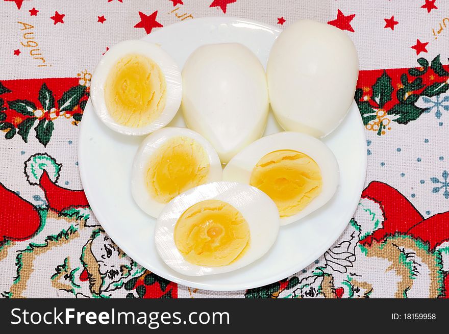 Four pieces of soft boiled eggs with squidgy yolk. Four pieces of soft boiled eggs with squidgy yolk