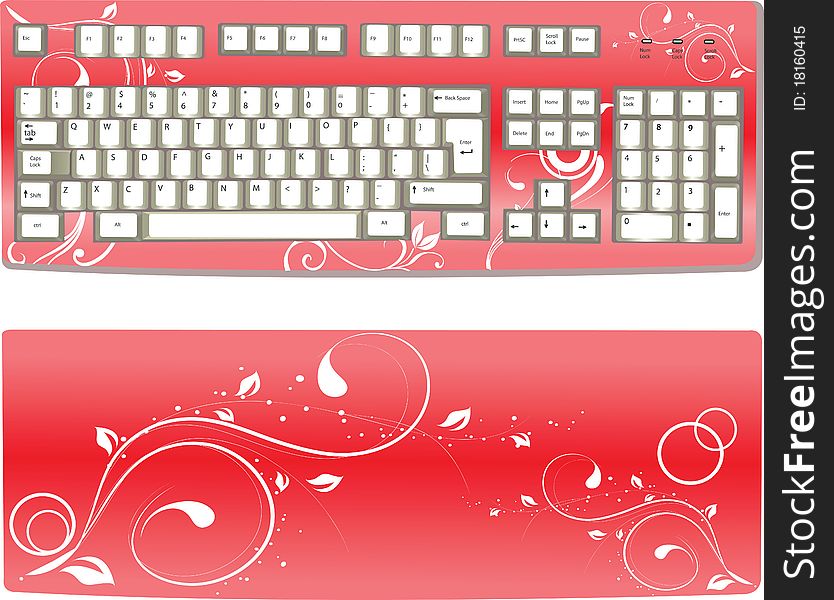 Red, floral, girlish keyboard illustration, front and back preview. Red, floral, girlish keyboard illustration, front and back preview