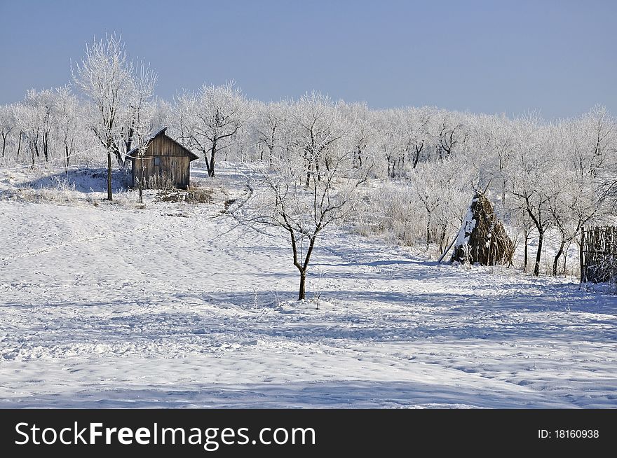 Isolated alpine shelter for tourists in winter near frost forest. Isolated alpine shelter for tourists in winter near frost forest