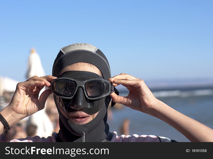 Portrait girl-diver in mask and swimsuit, from seria diver girl. Portrait girl-diver in mask and swimsuit, from seria diver girl