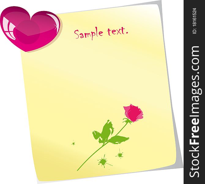 Yellow paper note with red rose and heart