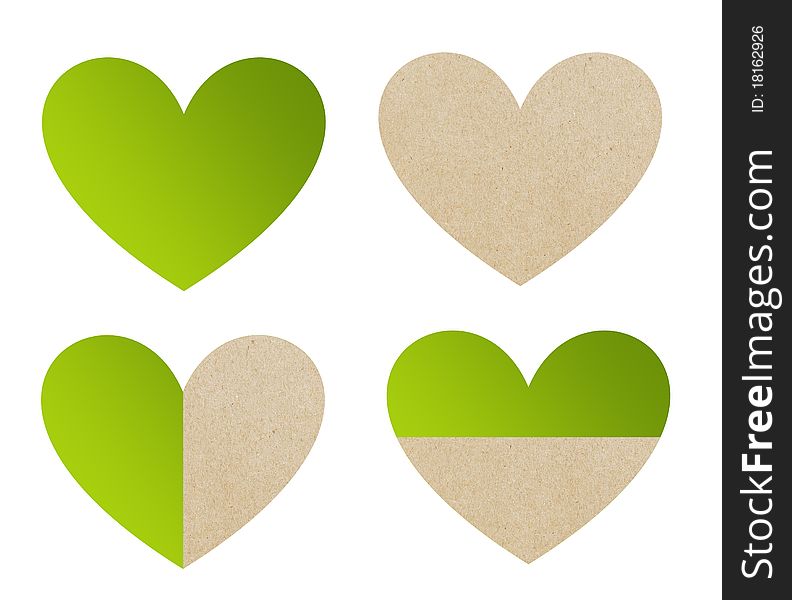 Green and brown hearts over white background