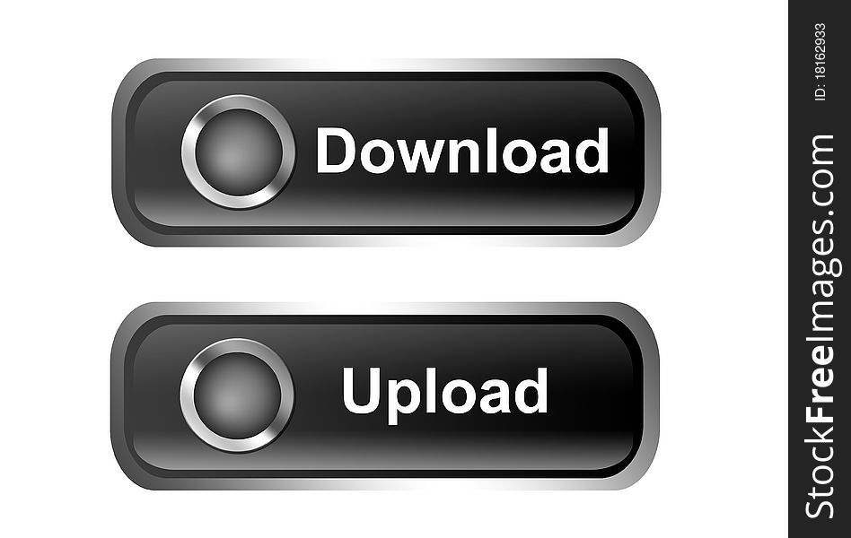 Two buttons with the words download and upload over white background