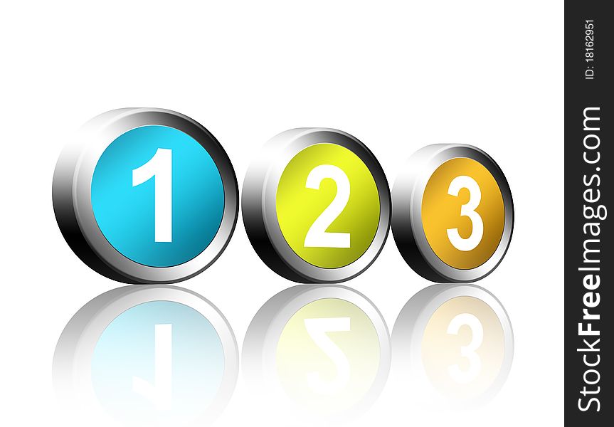 Colored buttons with the numbers one, two, three over white background
