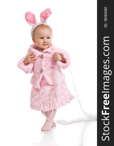 The child in a pink suit of a rabbit. The child in a pink suit of a rabbit