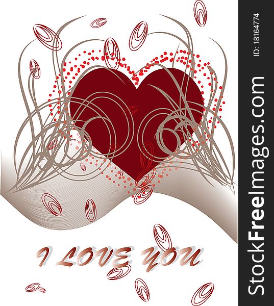 Beautiful greeting card by Day of St. Valentine, in the foreground the beautiful stylized the heart symbolizing love, a donative inscription are visible.