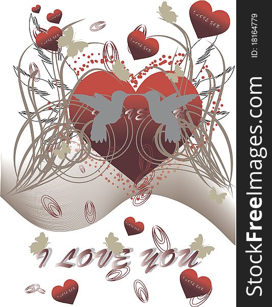 Beautiful greeting card by Day of St. Valentine, in the foreground are visible beautiful стлизованные birds - калибри, butterflies and the heart symbolizing love, a donative inscription.