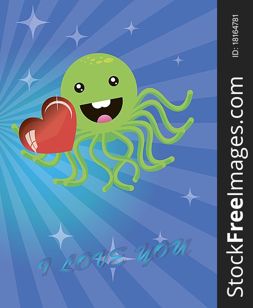 Amusing card with a lovely and nice octopus making a declaration of love.