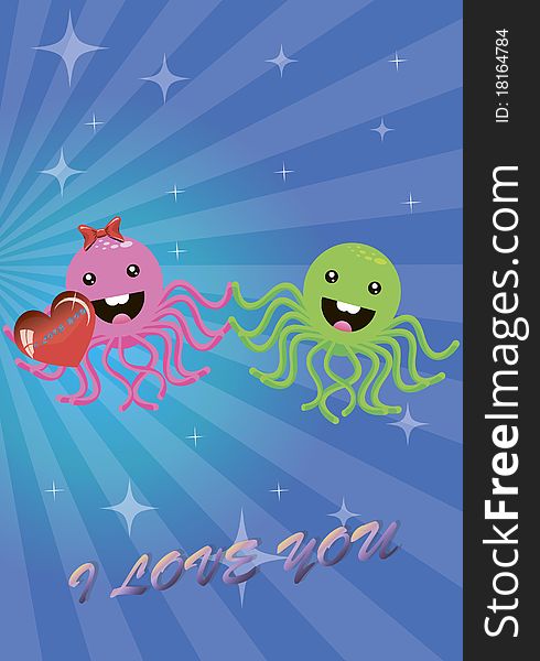 Amusing card with a lovely and nice octopus making a declaration of love to the friend.