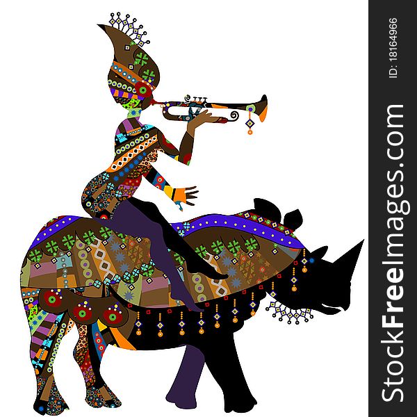People sitting on the back of a wild rhino in ethnic style. People sitting on the back of a wild rhino in ethnic style