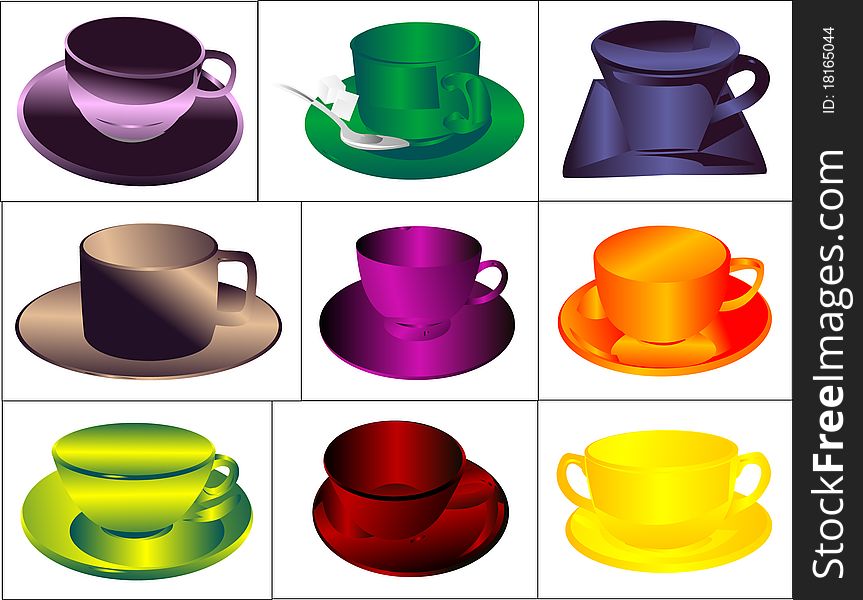 Set a cup of hot drink in color. Set a cup of hot drink in color