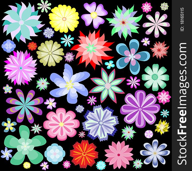 Pattern of colorful flowers on a black background