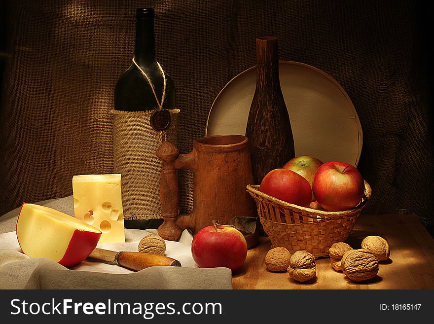 Retro still life with wine and cheese. Retro still life with wine and cheese