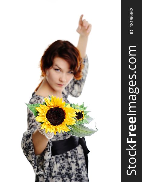 An image of young woman with yellow flower. An image of young woman with yellow flower