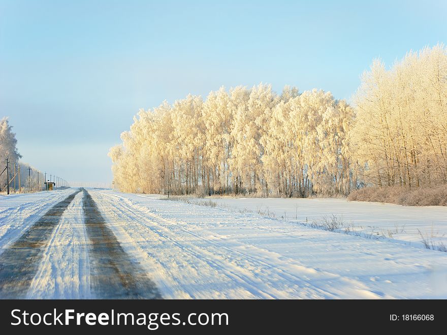 Winter sunny day: trees in hoarfrost and road covered with snow. Winter sunny day: trees in hoarfrost and road covered with snow