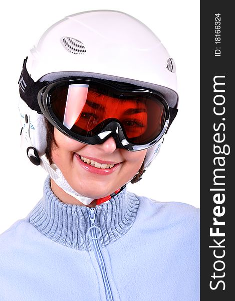 Pretty young woman with ski helmet