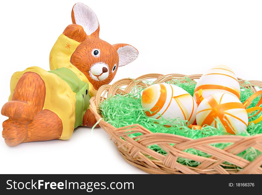 Colorful Easter Eggs basket and bunny set on white background