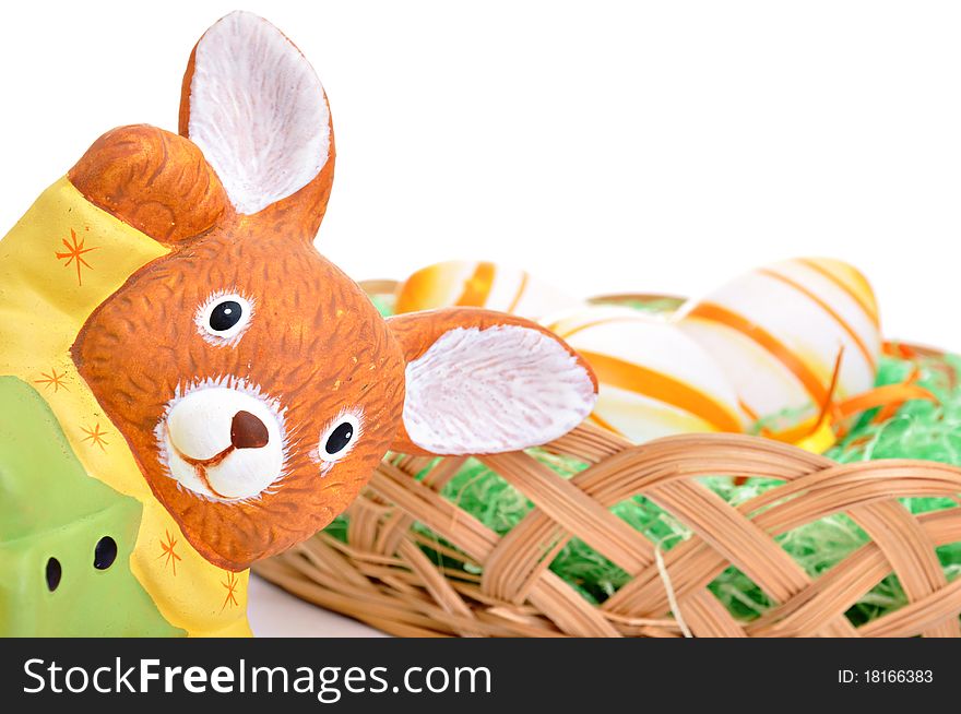 Colorful Easter Eggs basket and bunny set on white background