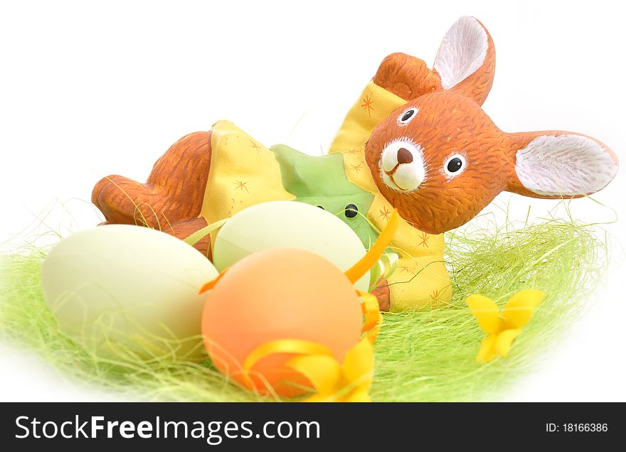 Colorful Easter Eggs basket and bunny set on white background