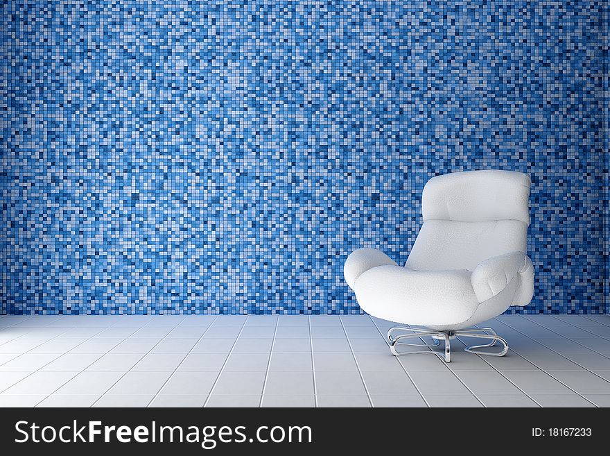 White leather chair in the room where the wall is decorated tile mosaic blue