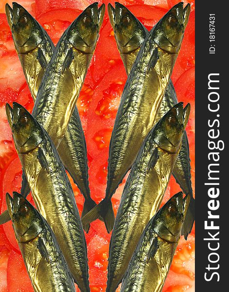 Mackerel of smoked 8 features, very tasty and fragrant on fresh tomatoes. Mackerel of smoked 8 features, very tasty and fragrant on fresh tomatoes