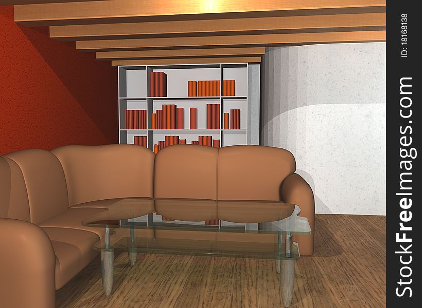 This image represents a 3D interior of a library room