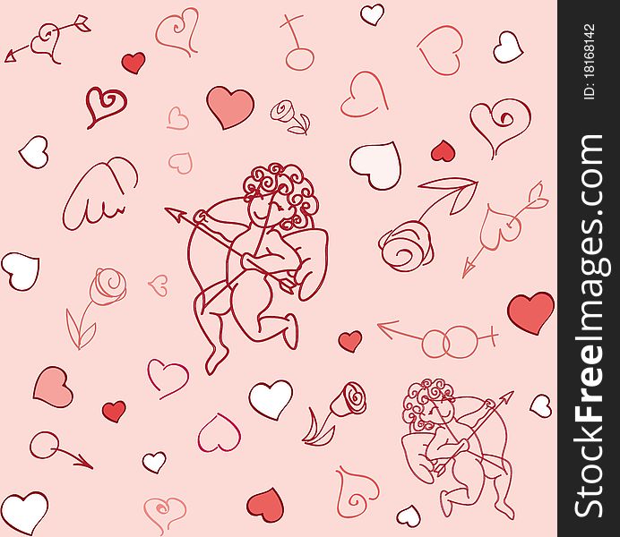 Seamless pattern with cupids, hearts and flowers. Seamless pattern with cupids, hearts and flowers