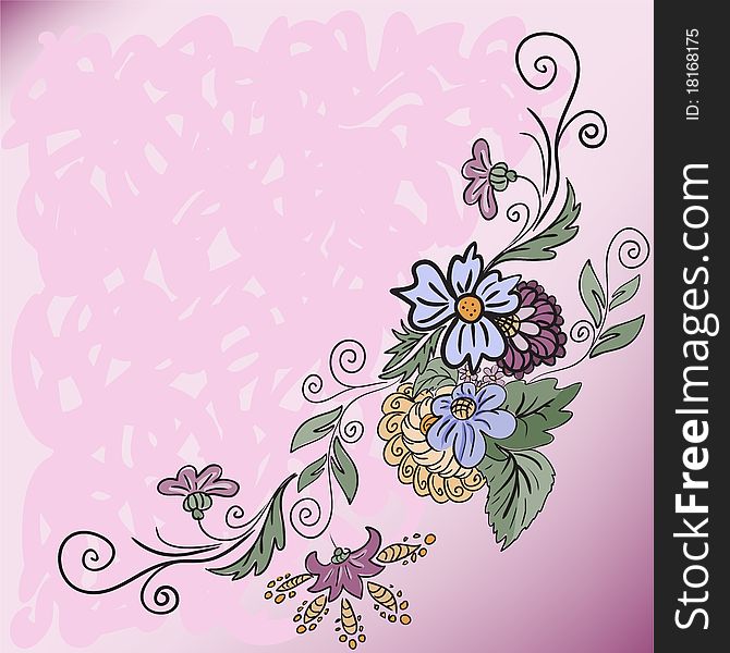 Abstract pink background with a hand-drawn flowers. Abstract pink background with a hand-drawn flowers
