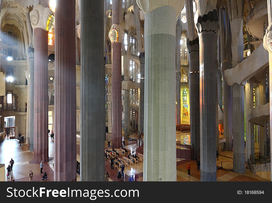 Architecture detail of windows, ceiling and pillars in La Sagrada Familia, Barcelona by Gaudi